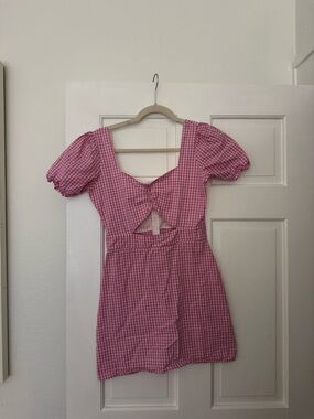 Pink Gingham Puff Sleeve Cutout Mini Dress